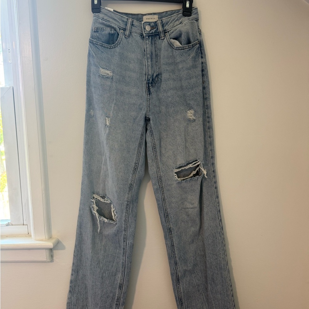PacSun Blue Straight Leg Jeans with Distressed Details